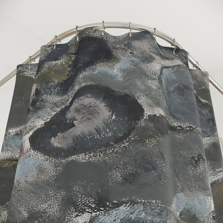 Abstract stone texture shower curtain detail in grey tones with minimalist green line accent