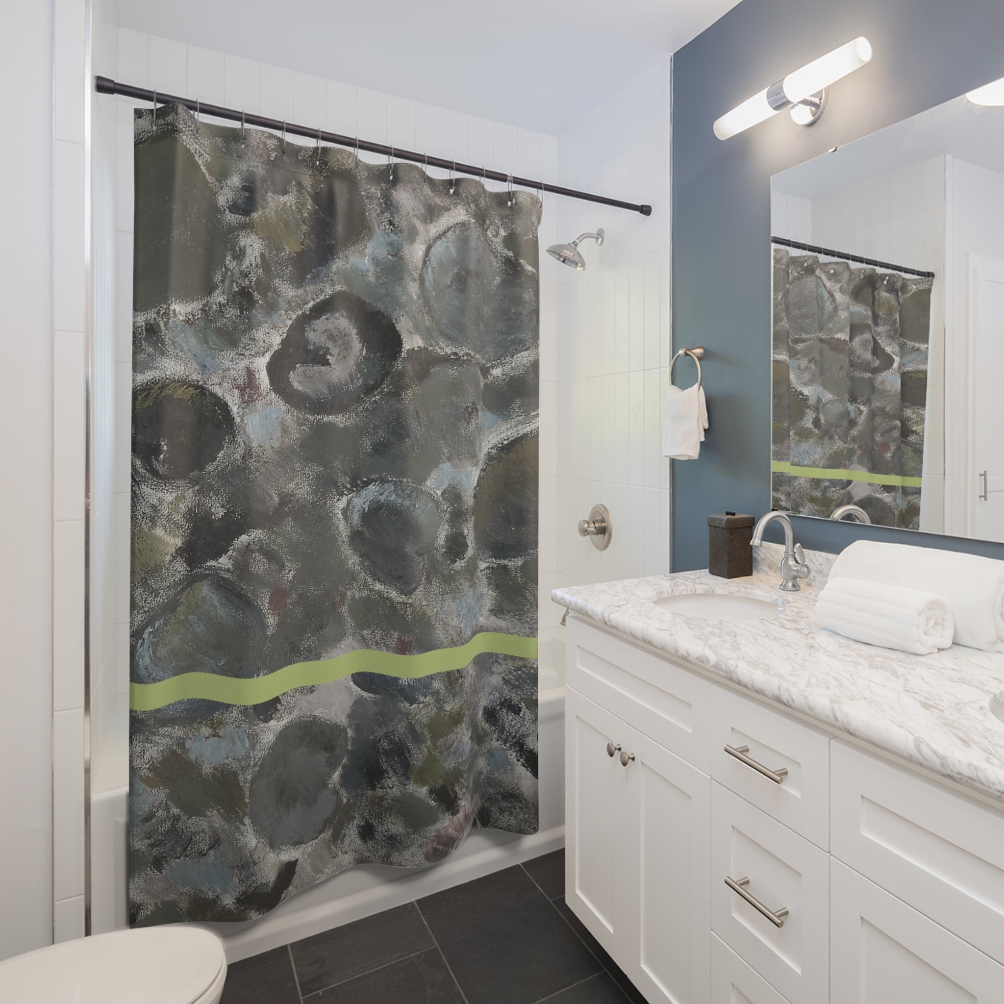 Modern bathroom styled with a grey stone-texture abstract shower curtain from the Demire series