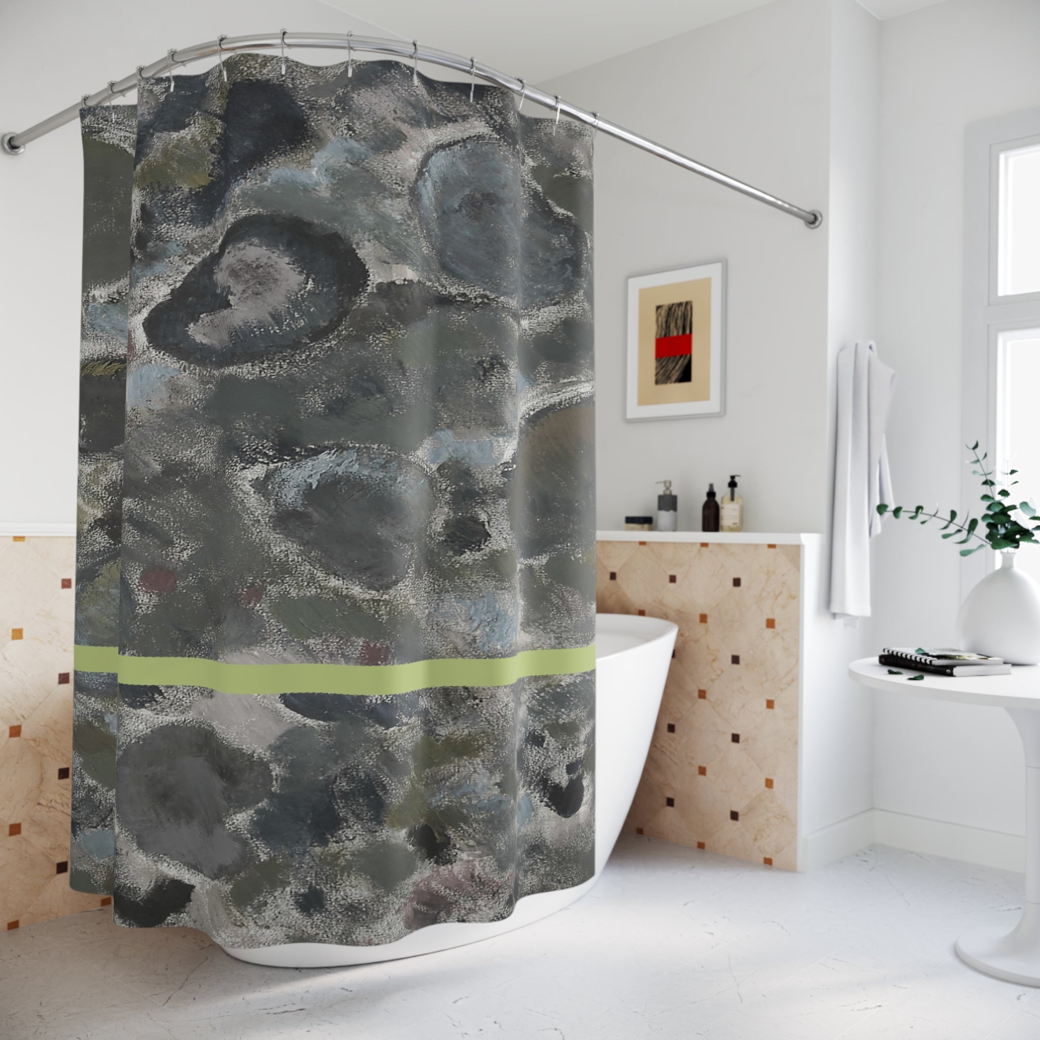 Designer shower curtain featuring abstract stone textures and muted grey palette in a contemporary bathroom
