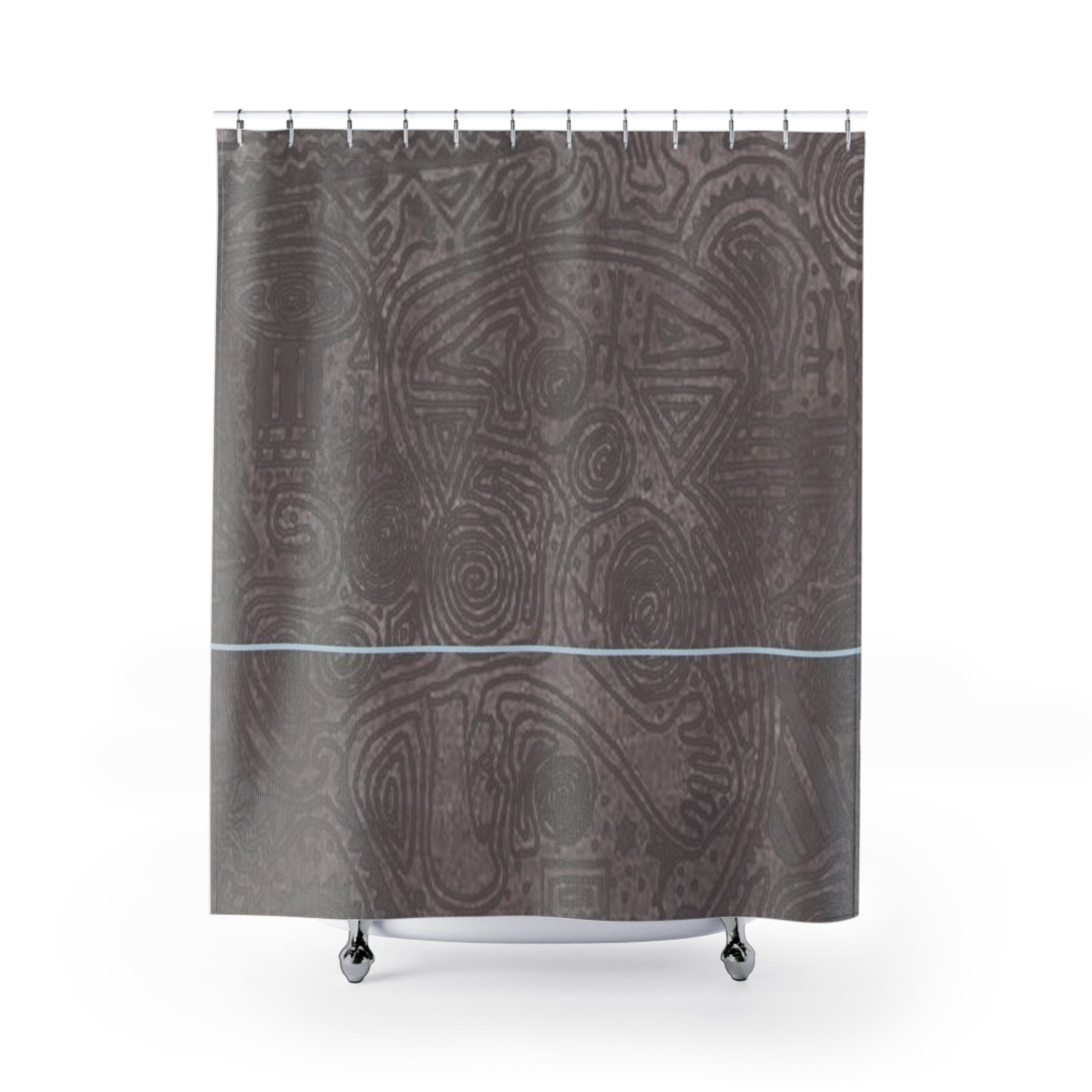 Neutral textured shower curtain in brown tones with subtle topographic pattern and thin blue accent line