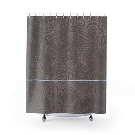 Neutral textured shower curtain in brown tones with subtle topographic pattern and thin blue accent line