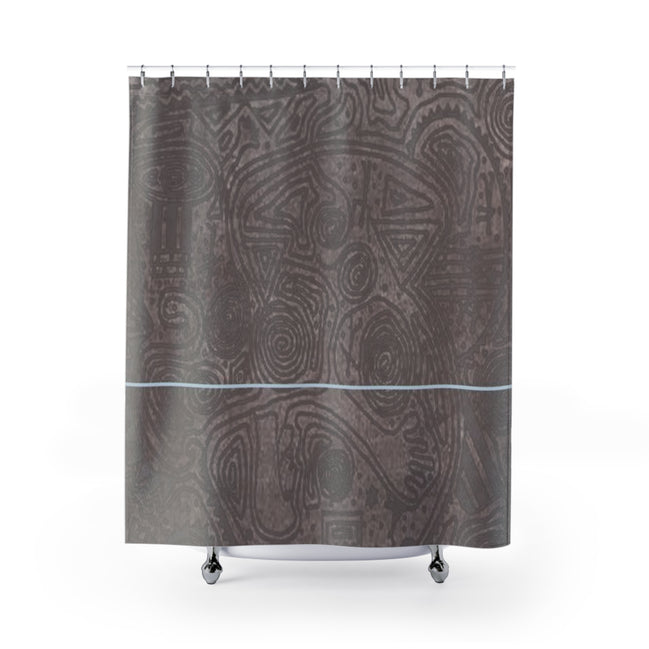 Neutral textured shower curtain in brown tones with subtle topographic pattern and thin blue accent line