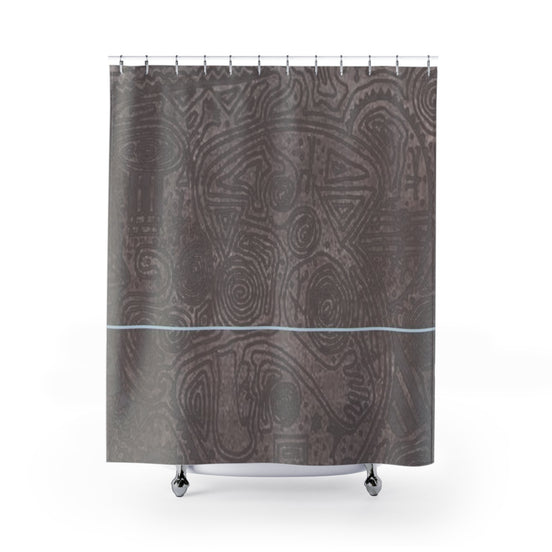 Neutral textured shower curtain in brown tones with subtle topographic pattern and thin blue accent line