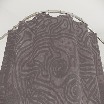 Textured abstract shower curtain detail with earth-tone topographic pattern and soft blue line