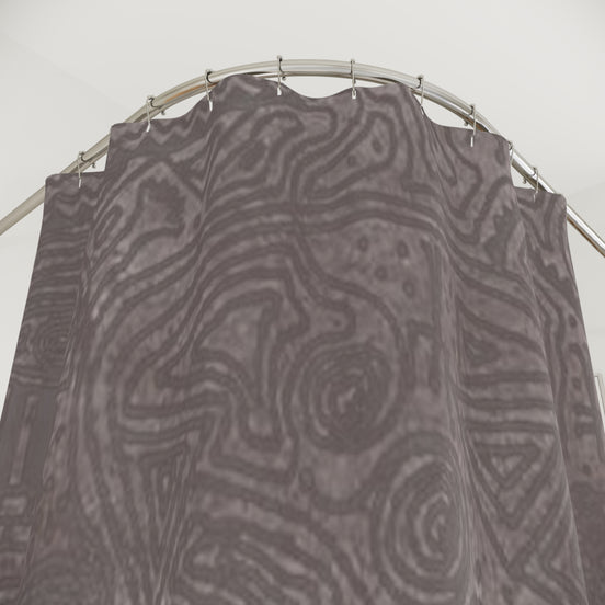 Textured abstract shower curtain detail with earth-tone topographic pattern and soft blue line