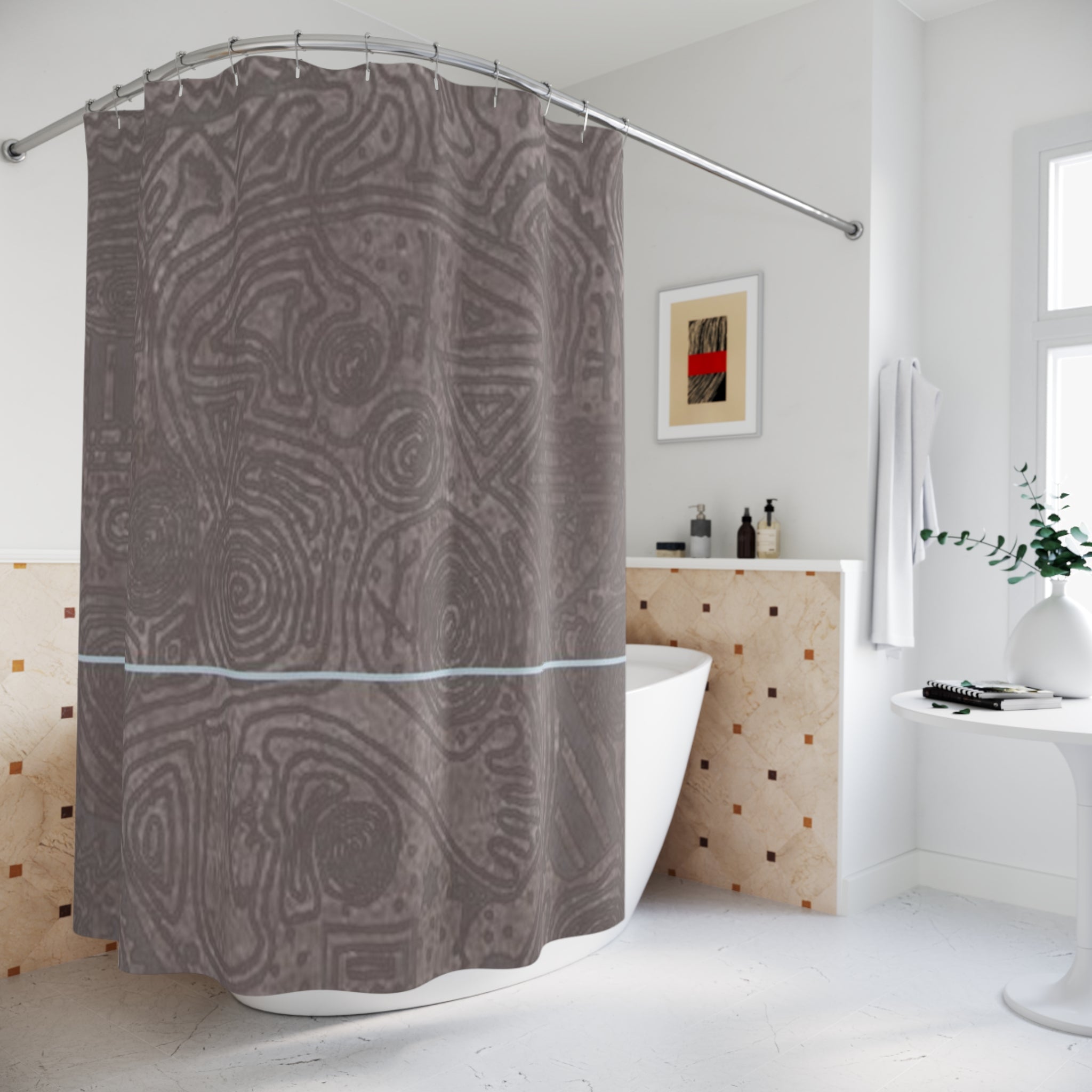 Designer shower curtain with earth-tone texture and minimalist blue line in a contemporary bathroom