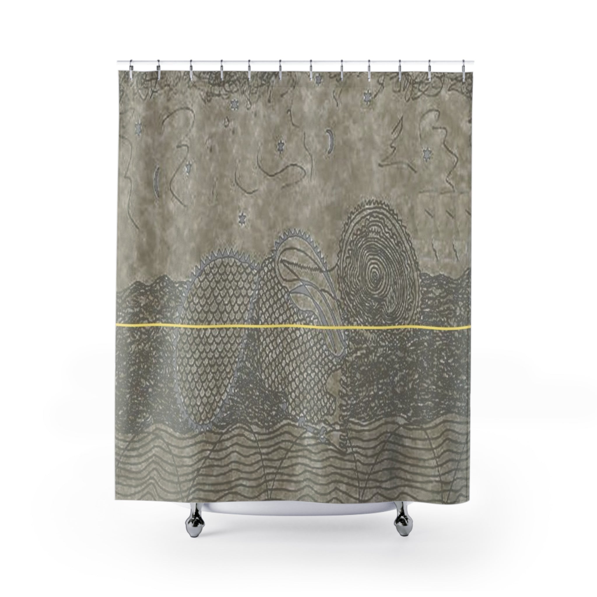 Taupe brown textured shower curtain with stone-like pattern and thin gold accent line