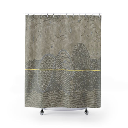 Taupe brown textured shower curtain with stone-like pattern and thin gold accent line