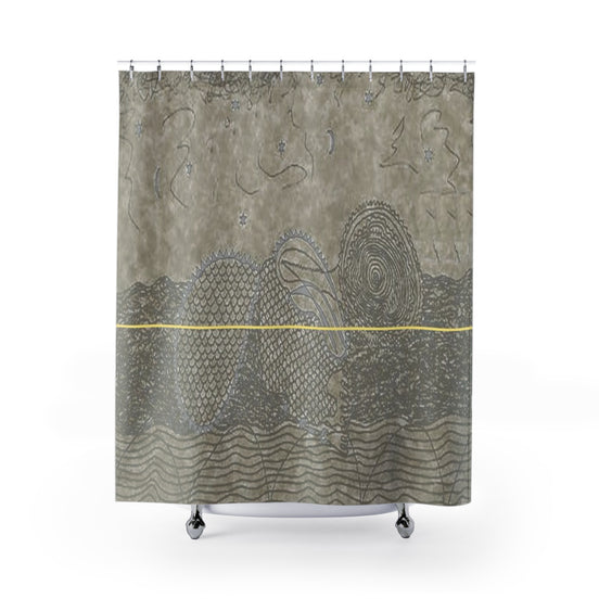 Taupe brown textured shower curtain with stone-like pattern and thin gold accent line