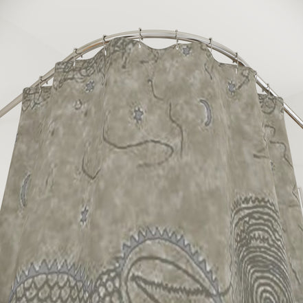 Textured taupe shower curtain detail with wabi-sabi stone pattern and subtle gold accent