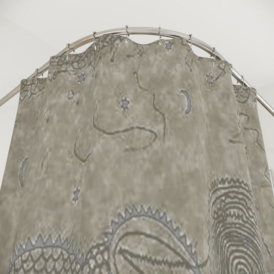 Textured taupe shower curtain detail with wabi-sabi stone pattern and subtle gold accent