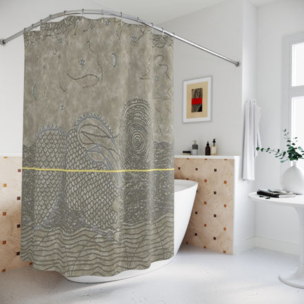 Designer shower curtain with stone texture and gold accent in a contemporary bathroom setting