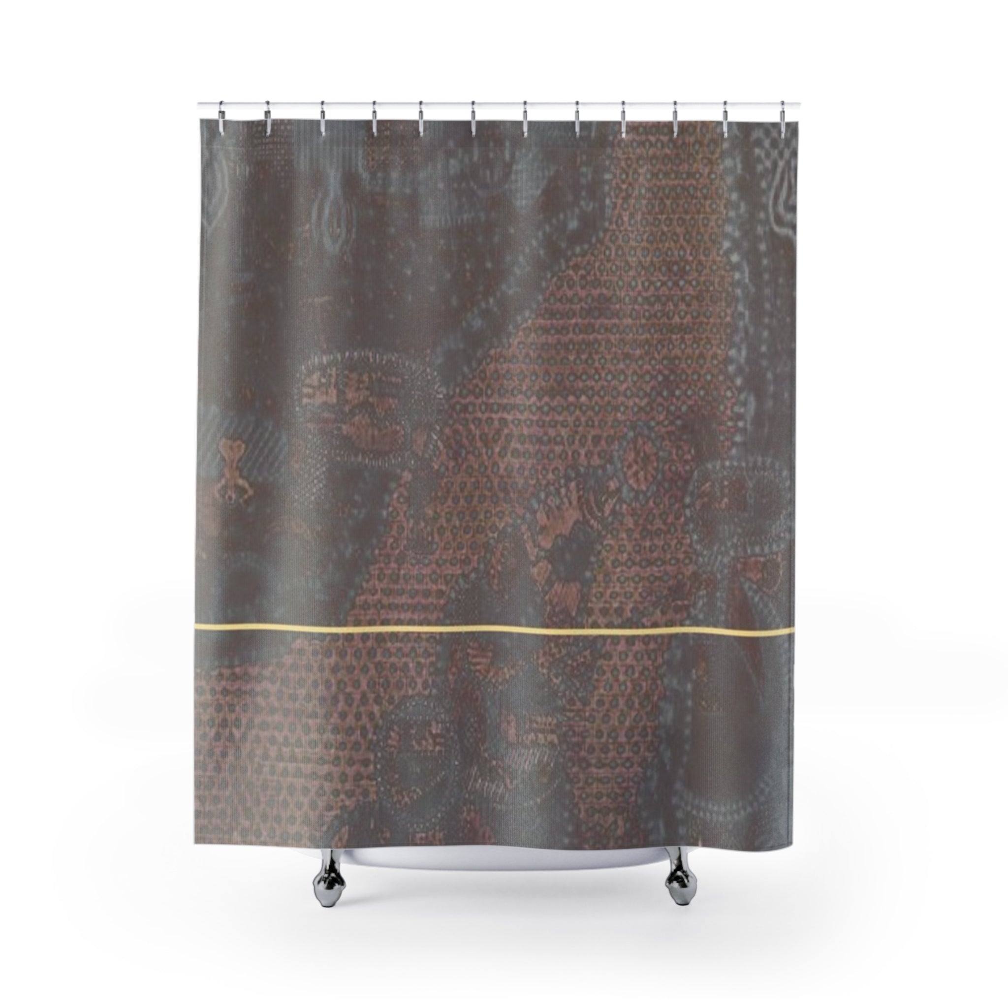 Dark brown patterned shower curtain with textured surface and thin gold accent line