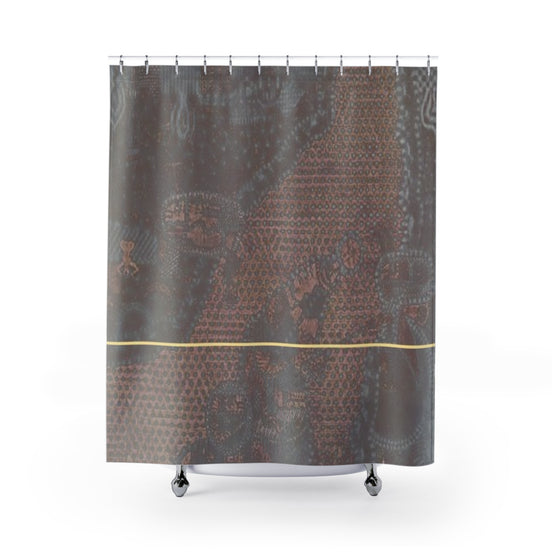 Dark brown patterned shower curtain with textured surface and thin gold accent line
