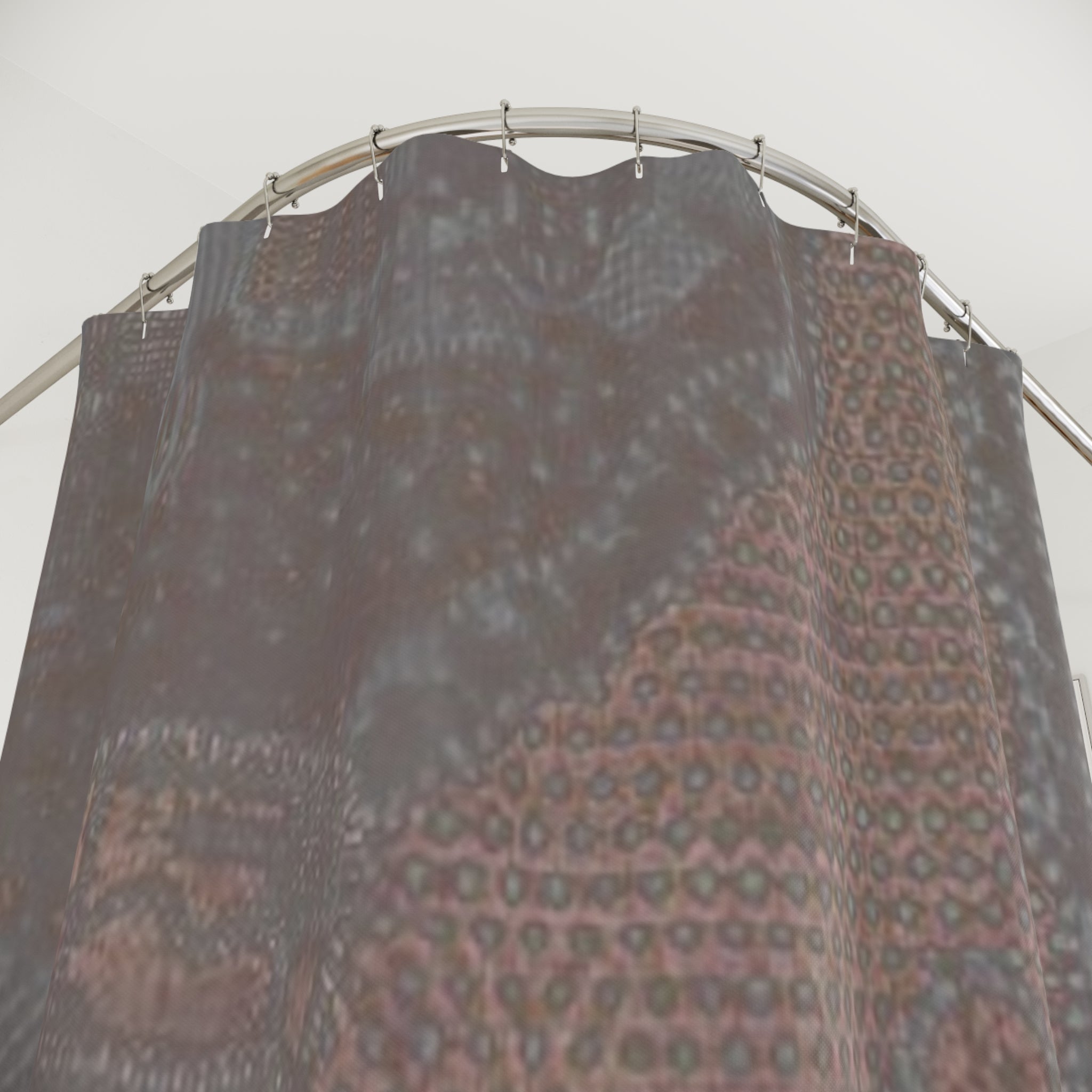 Textured patterned shower curtain detail in deep earth tones with subtle gold accent stripe