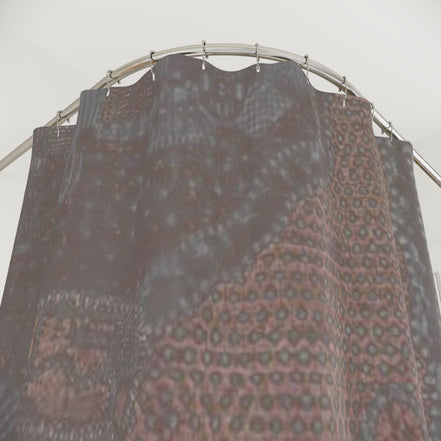 Textured patterned shower curtain detail in deep earth tones with subtle gold accent stripe