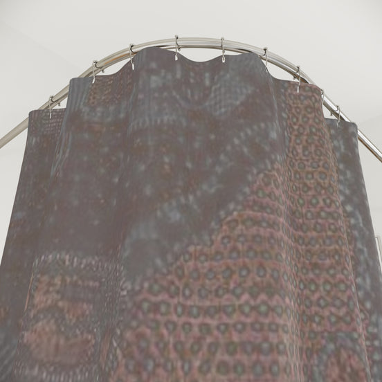 Textured patterned shower curtain detail in deep earth tones with subtle gold accent stripe