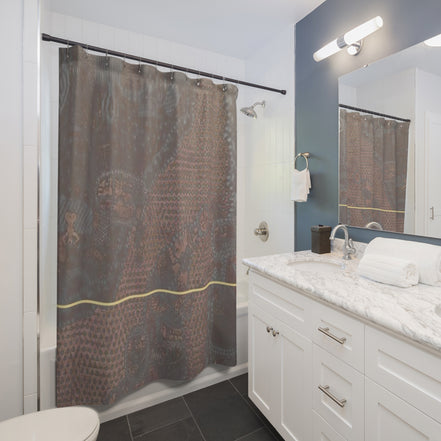 Modern bathroom styled with a dark brown textured shower curtain featuring a thin gold accent line