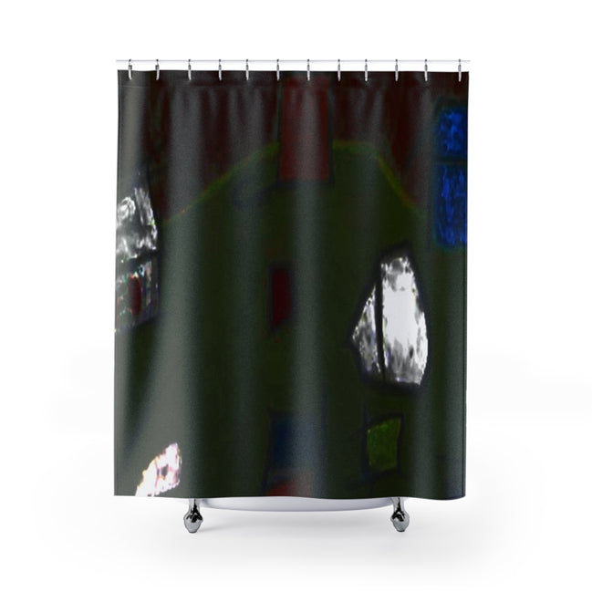 Dark moody shower curtain with deep green and brown tones and abstract textured forms