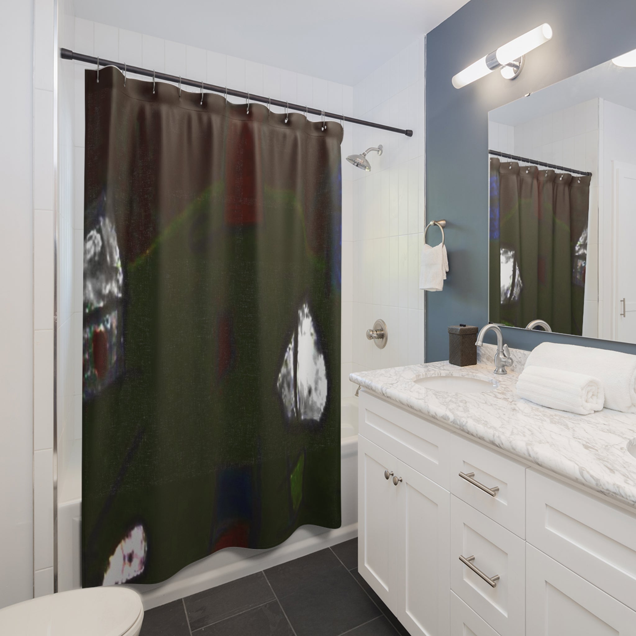 Modern bathroom styled with a dark moody Demire shower curtain in green-brown earth tones