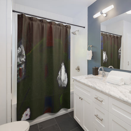 Modern bathroom styled with a dark moody Demire shower curtain in green-brown earth tones