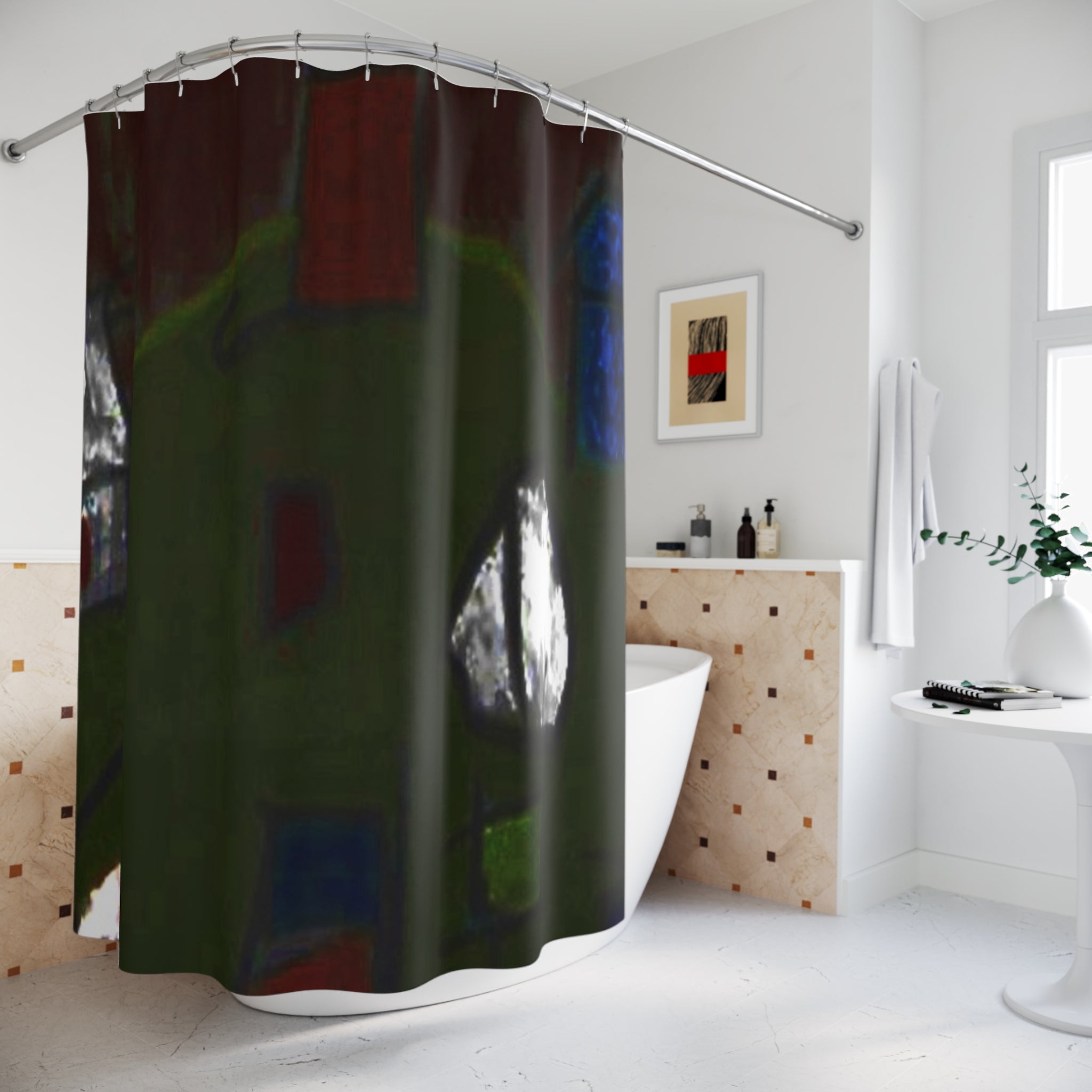 Designer shower curtain with dark abstract texture in a contemporary bathroom setting