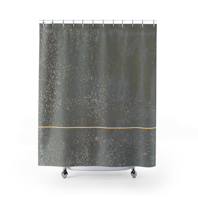 Demire T designer shower curtain with grey-brown textured pattern and thin horizontal line detail