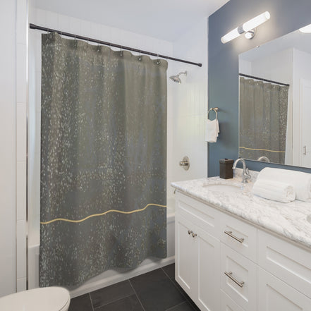 Modern bathroom with Demire T shower curtain featuring a speckled grey-brown texture and clean line accent