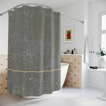 Minimalist shower curtain in contemporary bathroom showing Demire T grey-brown textured pattern with line detail