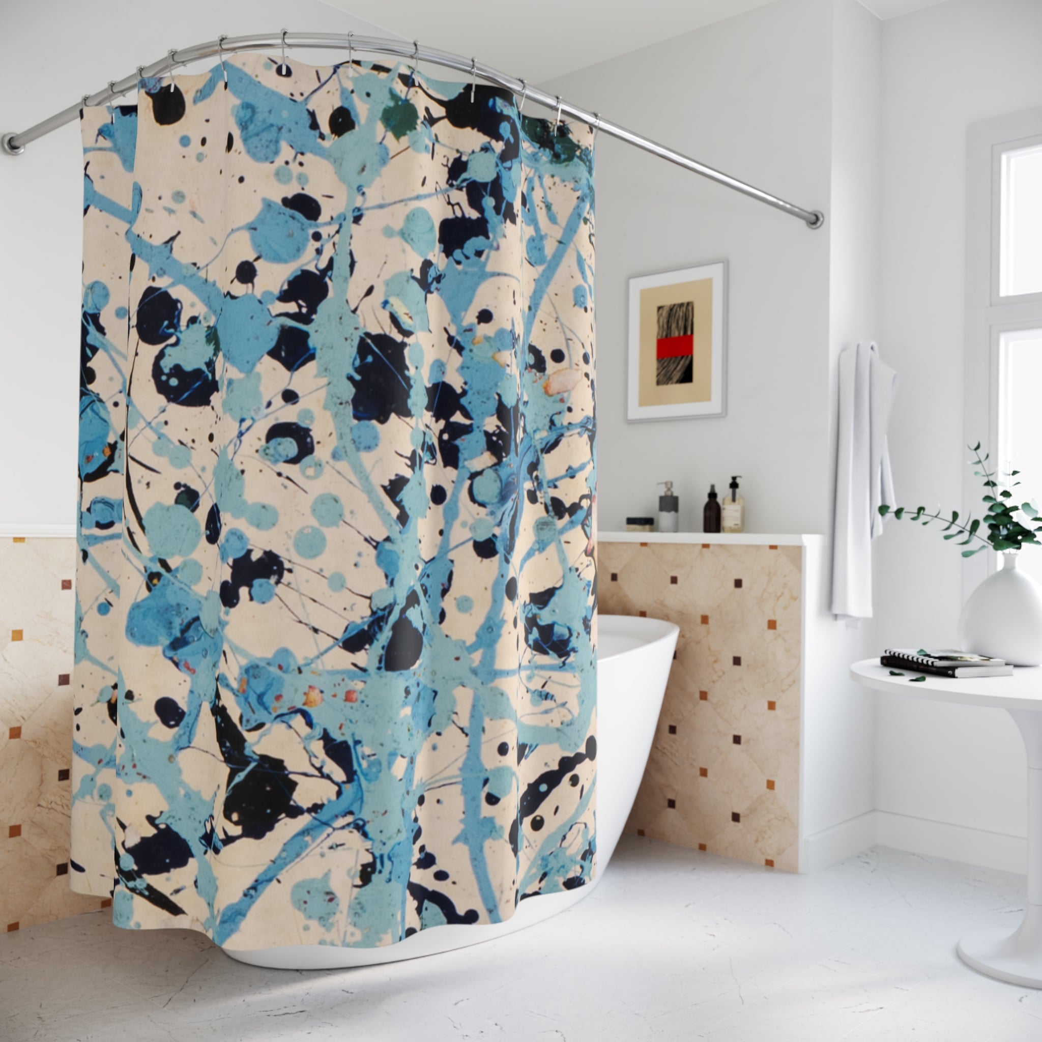 tatement shower curtain with abstract blue splatter artwork in a contemporary bathroom setting