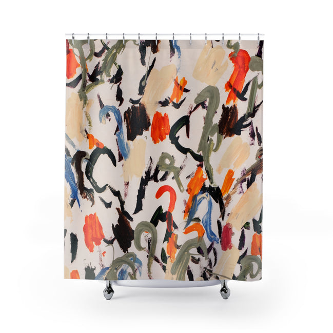 Abstract floral shower curtain with expressive brushstrokes in orange, green, brown, and black