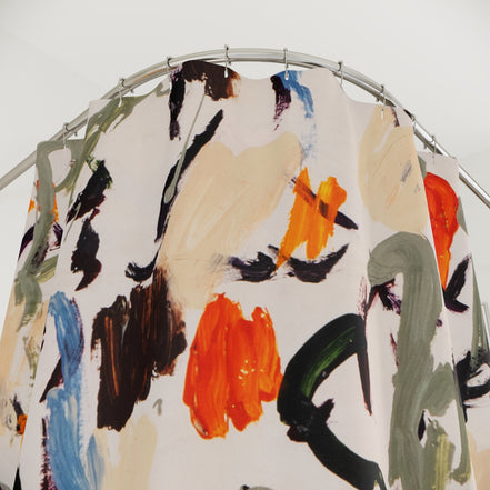 Painterly abstract floral shower curtain detail with layered colorful brushstrokes