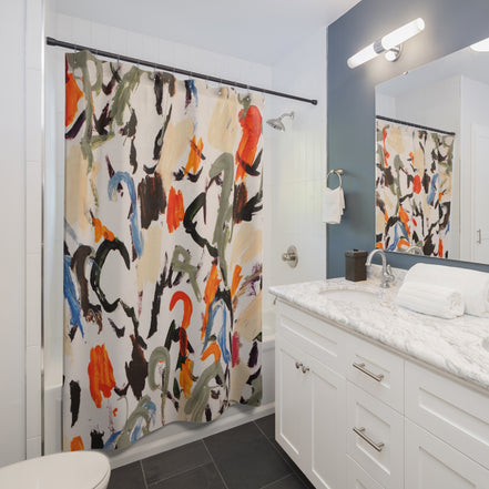 Modern bathroom styled with a colorful abstract floral shower curtain as statement decor