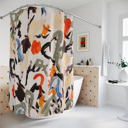 Statement shower curtain featuring abstract floral artwork in a contemporary bathroom setting