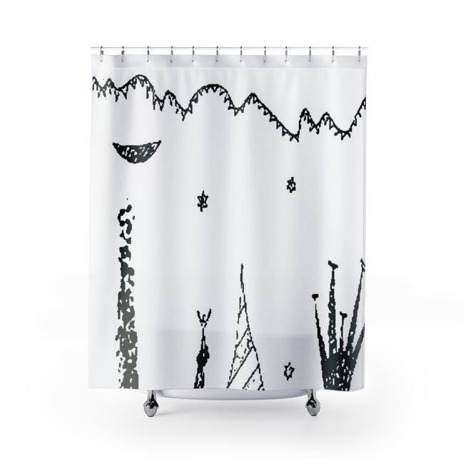 White shower curtain with minimalist black line art border and small graphic marks