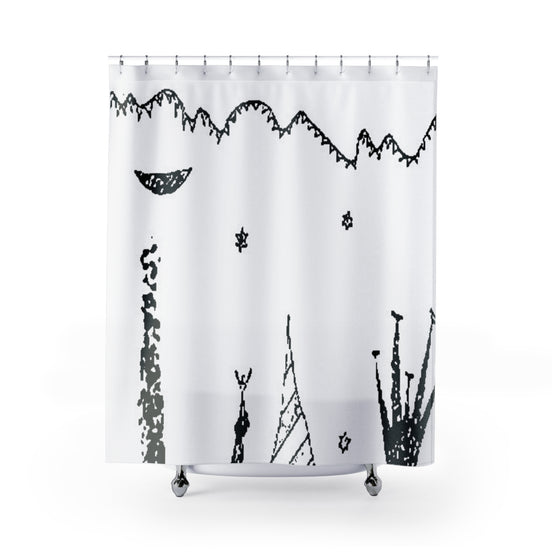 White shower curtain with minimalist black line art border and small graphic marks