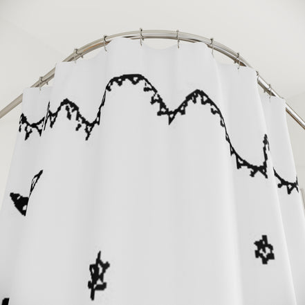 Minimalist black line drawing shower curtain detail with scalloped border pattern on white