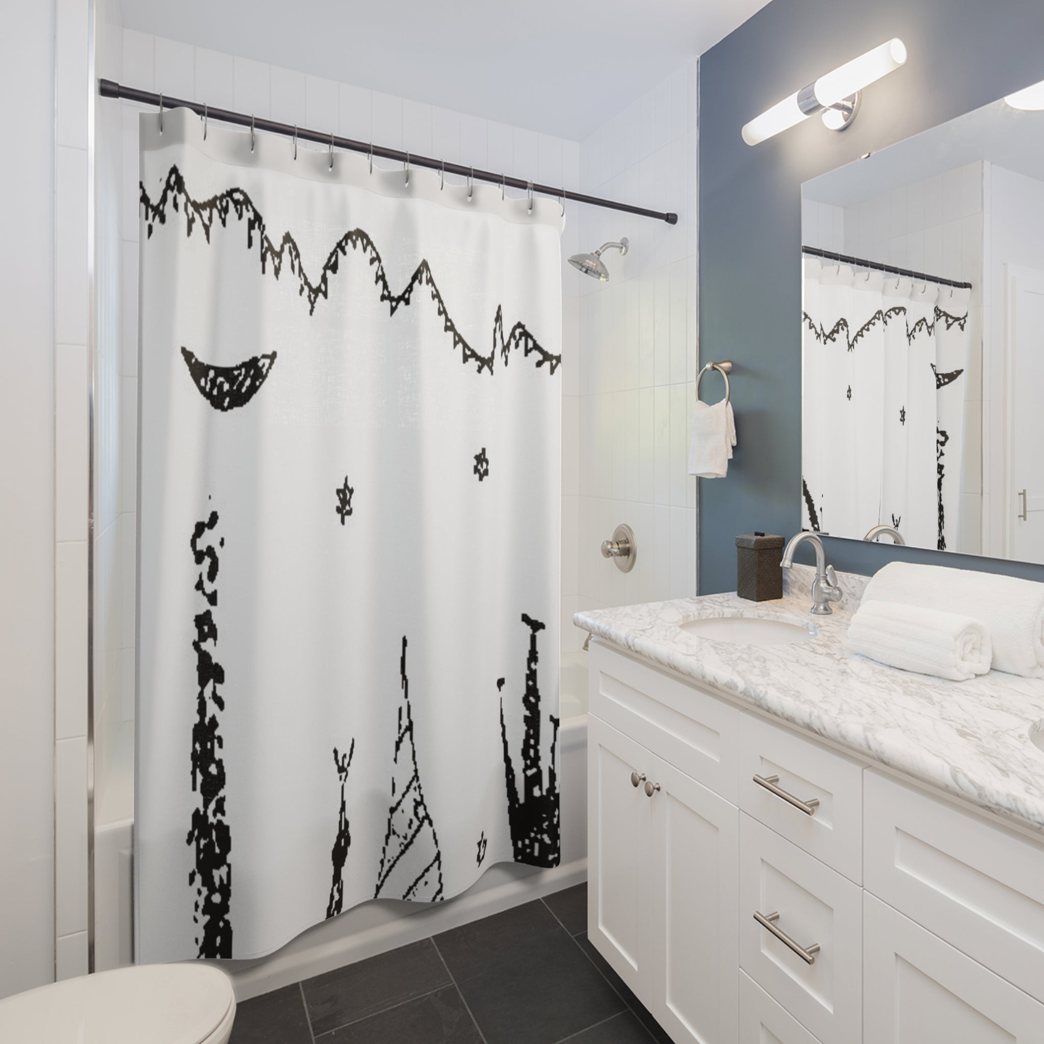 Modern bathroom styled with a white shower curtain featuring black minimalist line art