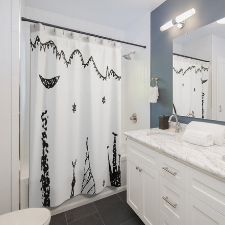 Modern bathroom styled with a white shower curtain featuring black minimalist line art