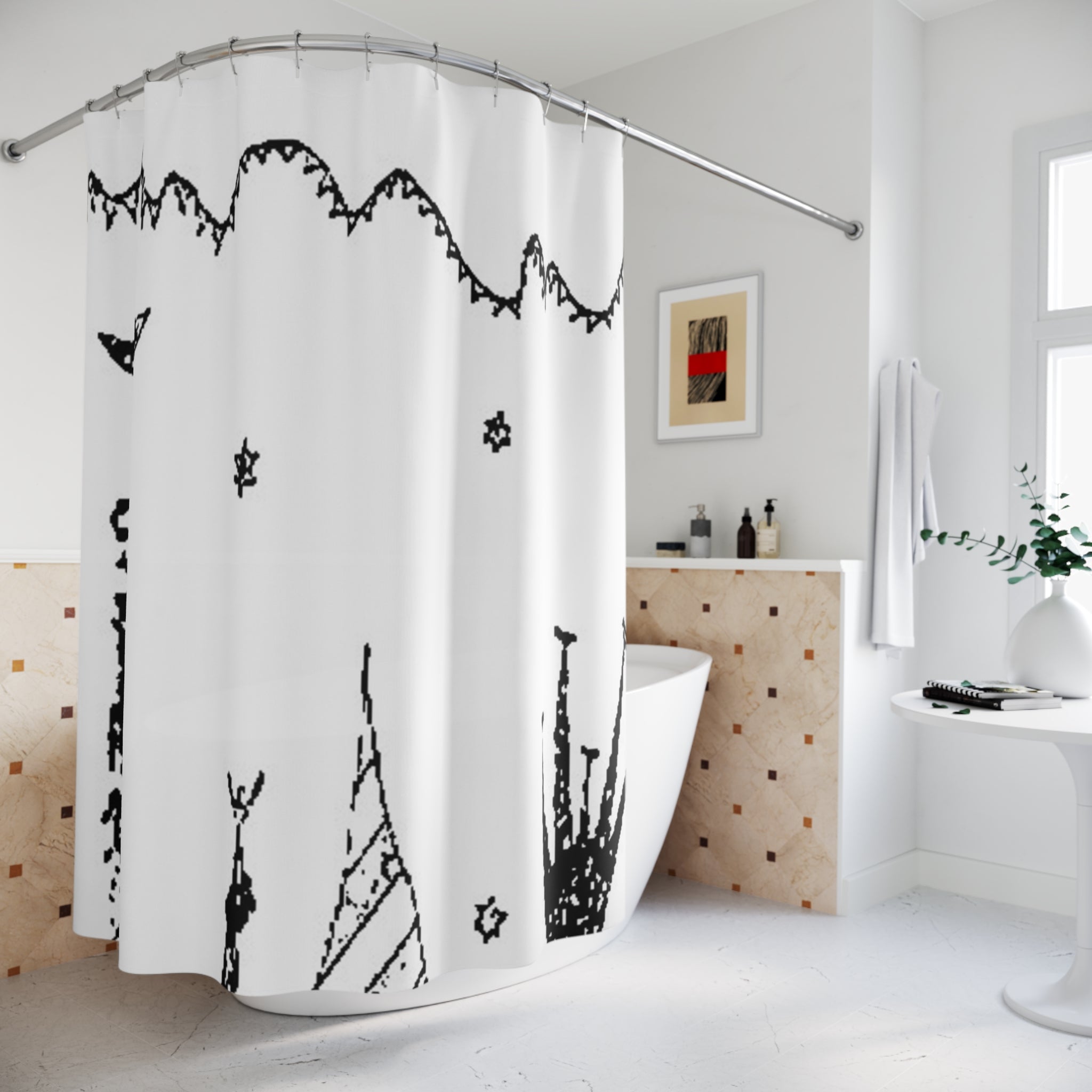 Contemporary bathroom with a black and white graphic line art shower curtain in a minimalist setting