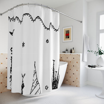 Contemporary bathroom with a black and white graphic line art shower curtain in a minimalist setting