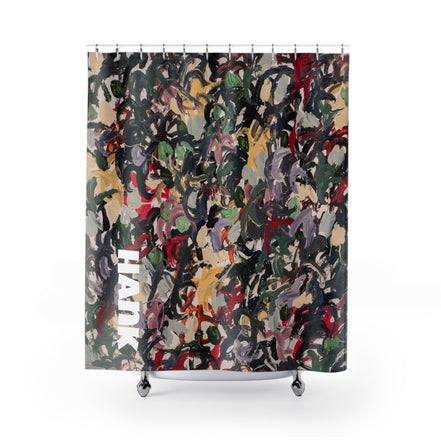 Colorful abstract shower curtain with layered brushstroke marks and dense painterly texture