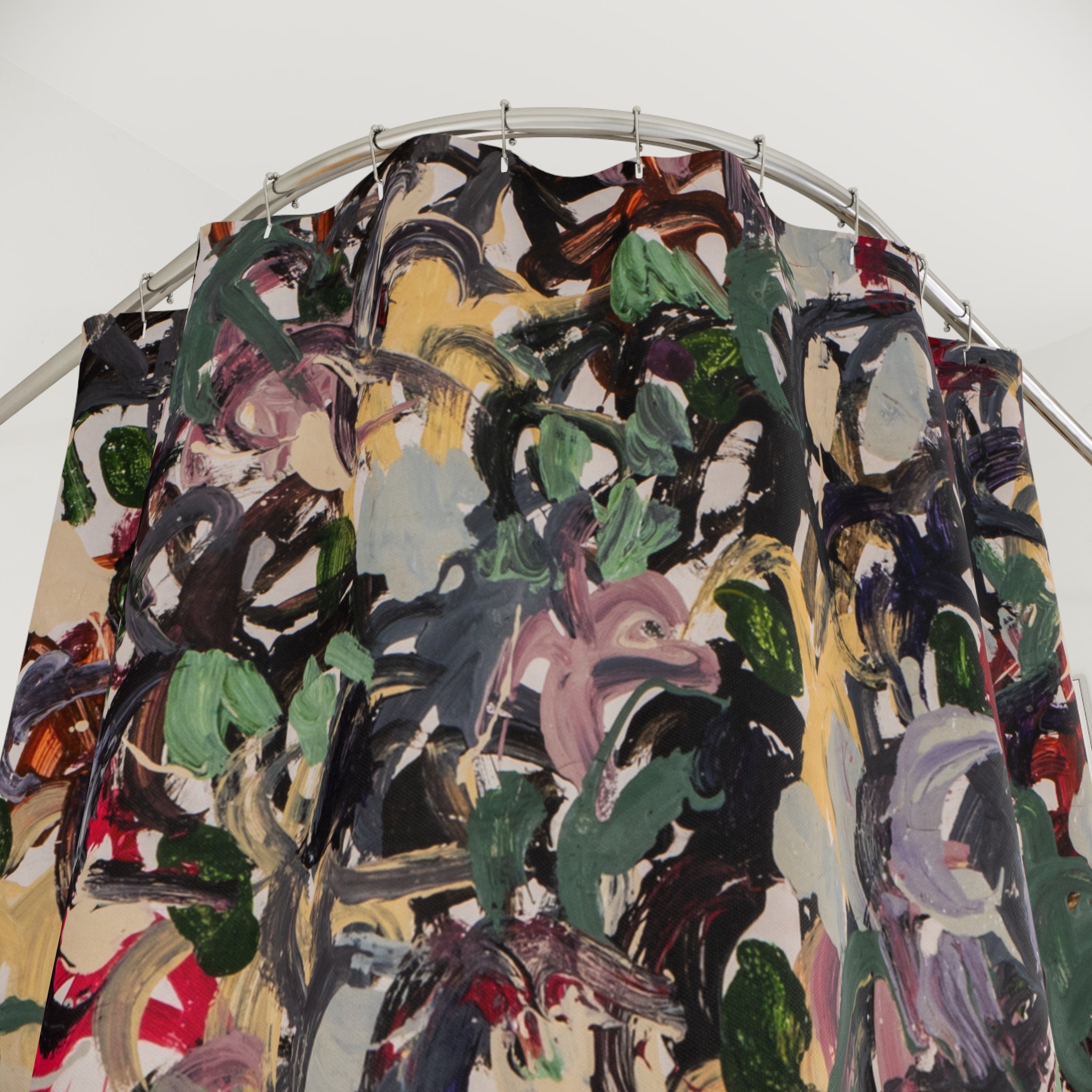 Close-up of colorful abstract shower curtain with expressive brushstrokes and multicolor paint texture