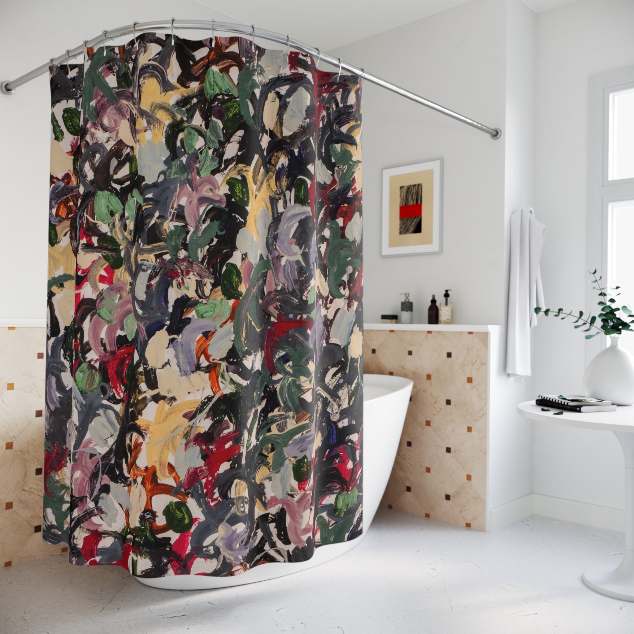Gallery-style multicolor abstract shower curtain in a contemporary bathroom setting
