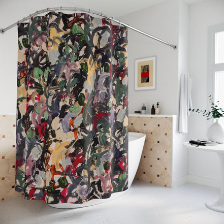 Gallery-style multicolor abstract shower curtain in a contemporary bathroom setting