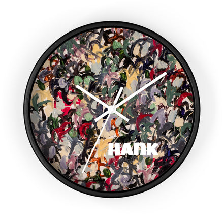 HANK abstract paint splatter wall clock (color splash artwork) with white hands and a black base — modern statement wall decor clock.