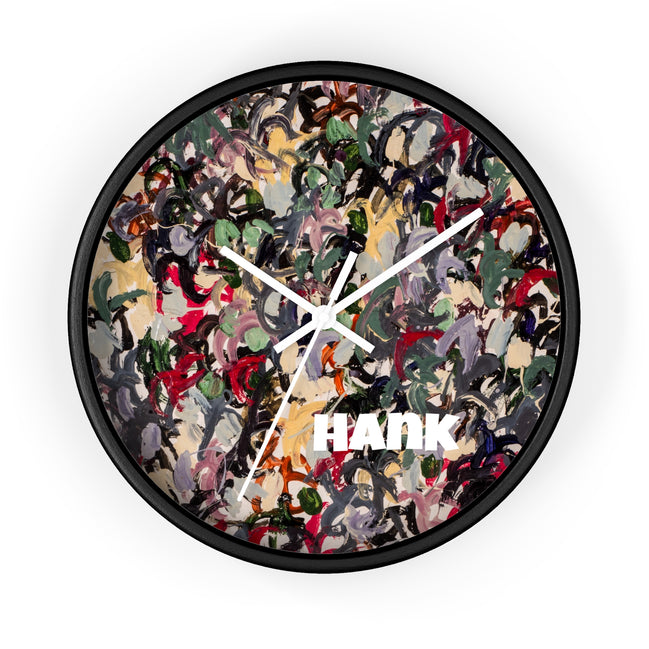 HANK abstract paint splatter wall clock (color splash artwork) with white hands and a black base — modern statement wall decor clock.