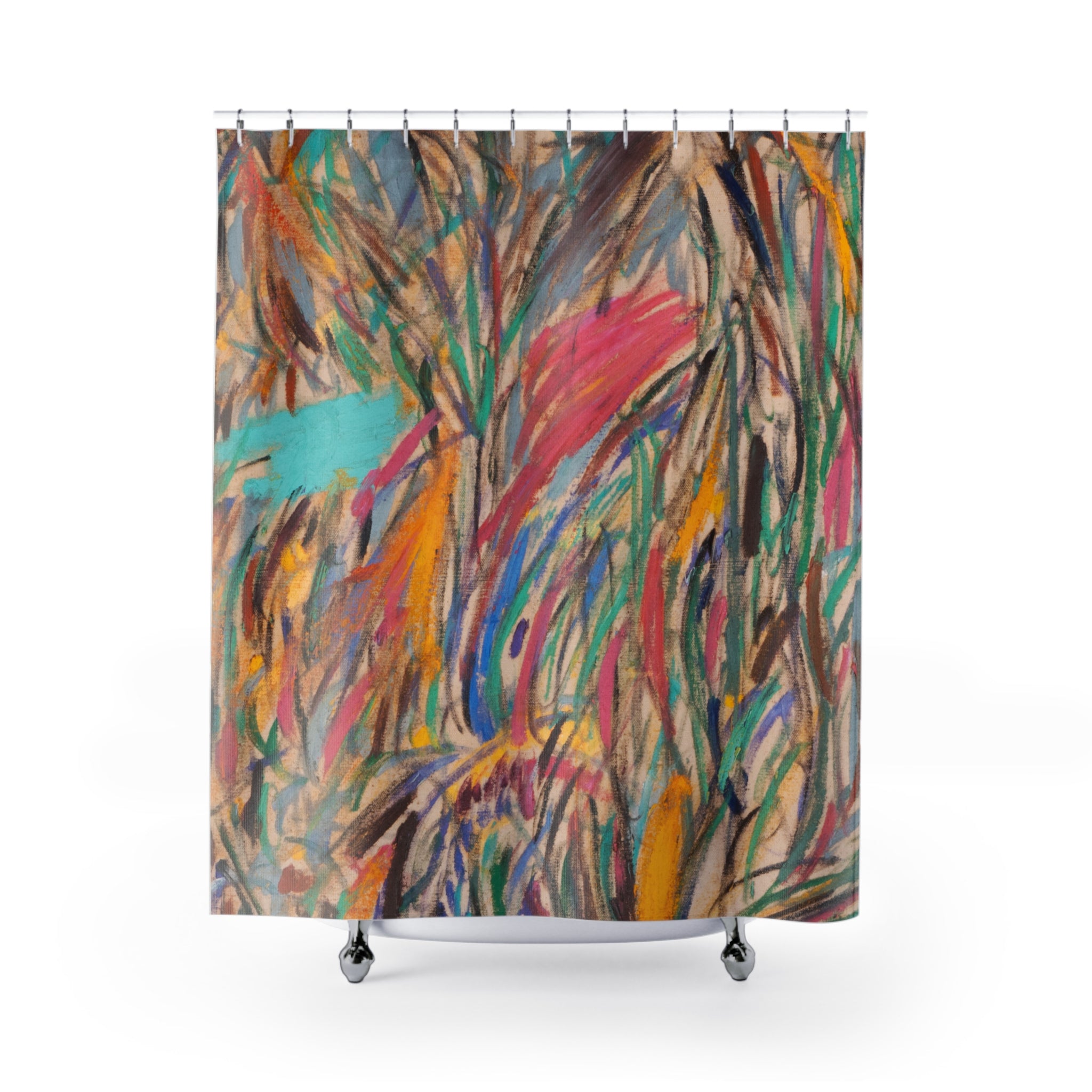 Fabric shower curtain with colorful abstract house and road composition, House by the Side of the Road artwork by WG Patrick Studios.