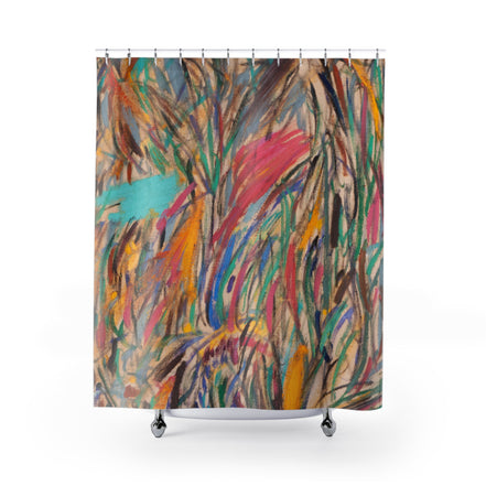 Fabric shower curtain with colorful abstract house and road composition, House by the Side of the Road artwork by WG Patrick Studios.