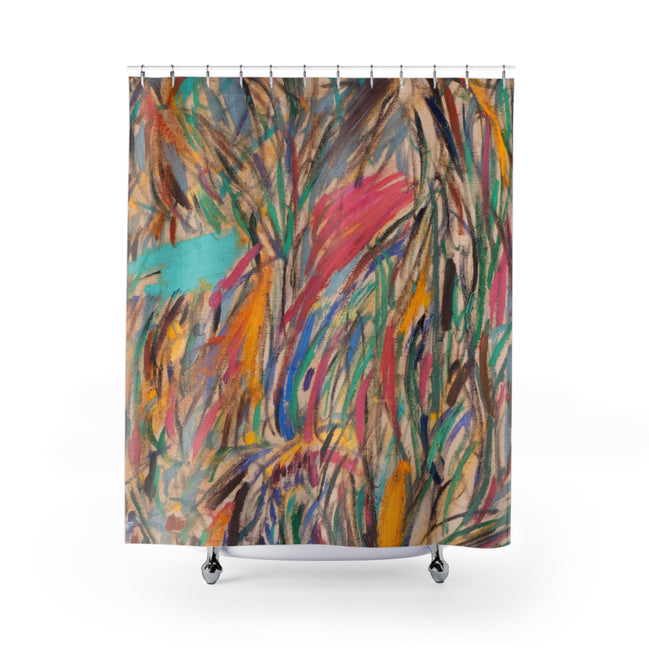 Fabric shower curtain with colorful abstract house and road composition, House by the Side of the Road artwork by WG Patrick Studios.